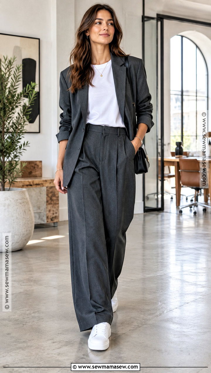 Trouser Suit With T Shirt And Sneakers - 20 trousers fall outfit ideas