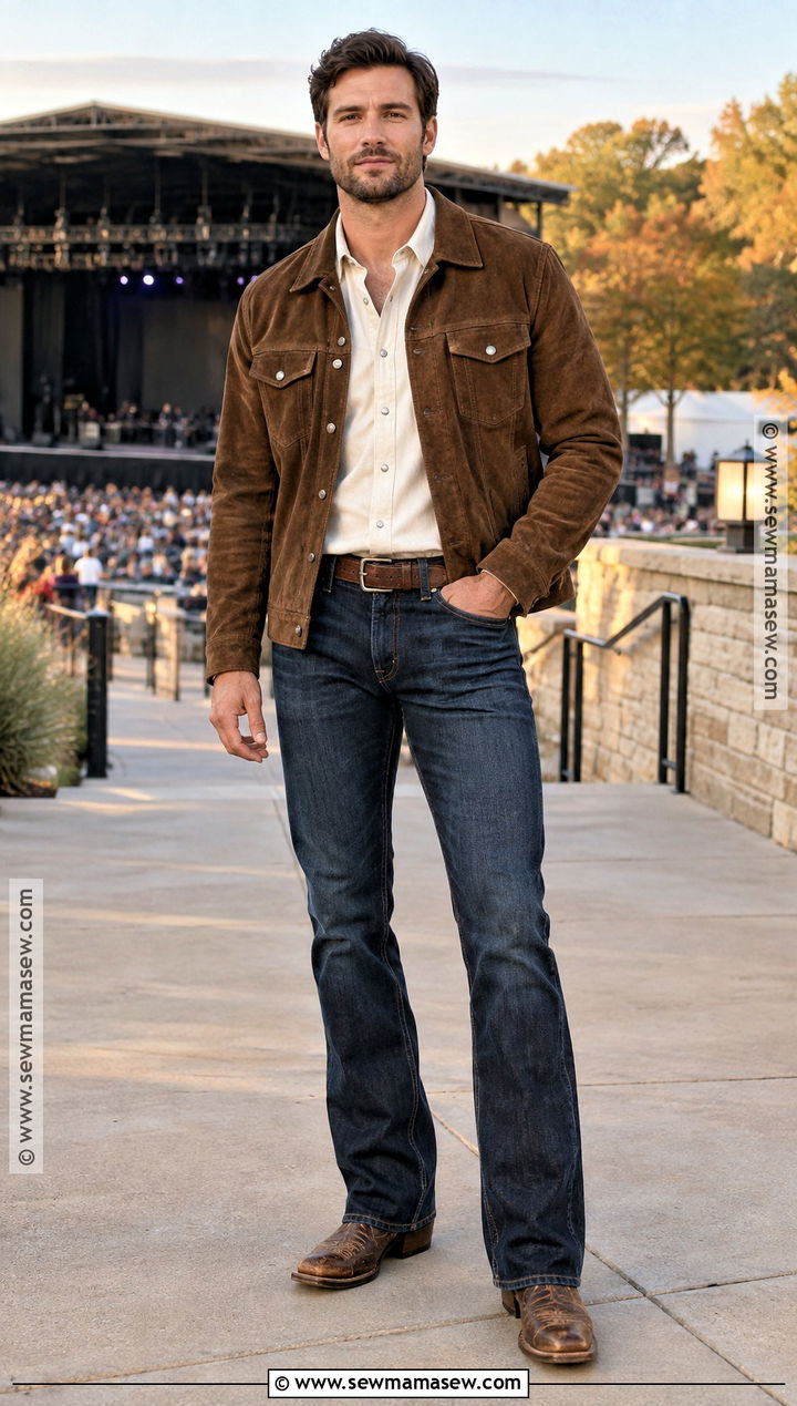 Trucker Jacket Western Shirt and Bootcut Jeans Concert Outfit - 15 concert outfit men fall ideas