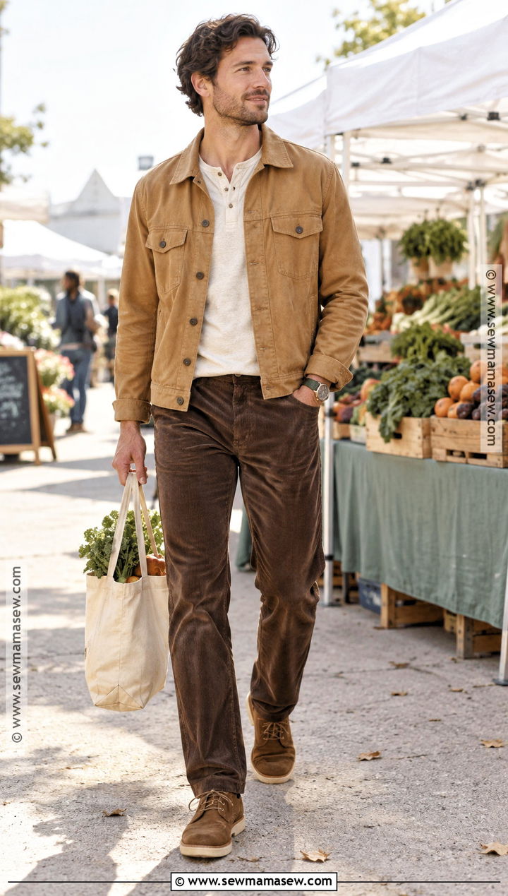 Trucker Jacket With Henley and Corduroy Pants - 15 fall jackets outfit for men
