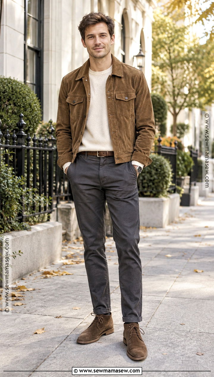 Trucker Jacket With Sweater And Chinos - 15 fall outfits for short for men