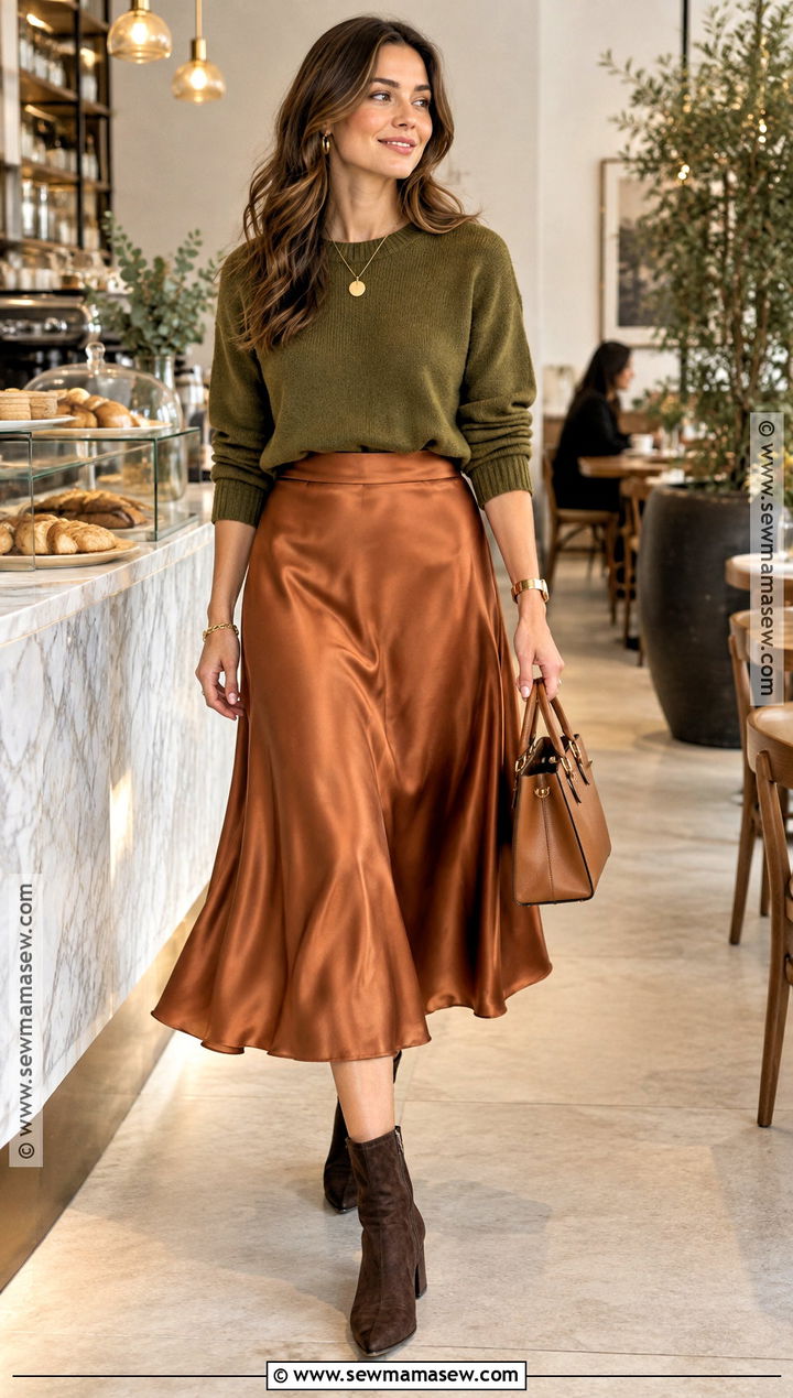 True Autumn Copper Satin Skirt And Olive Sweater Outfit - 25 true autumn color palette outfits