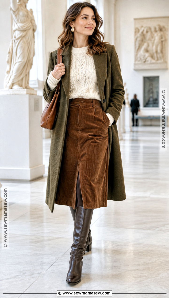 True Autumn Cream Sweater And Corduroy Skirt Outfit - 20 True Autumn Palette Outfits