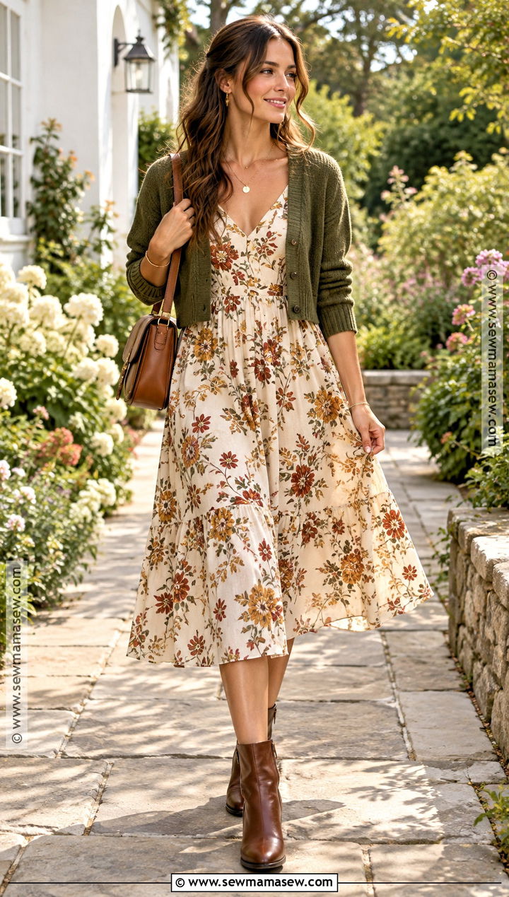 True Autumn Moss Green Cardigan And Floral Dress Outfit - 25 true autumn color palette outfits