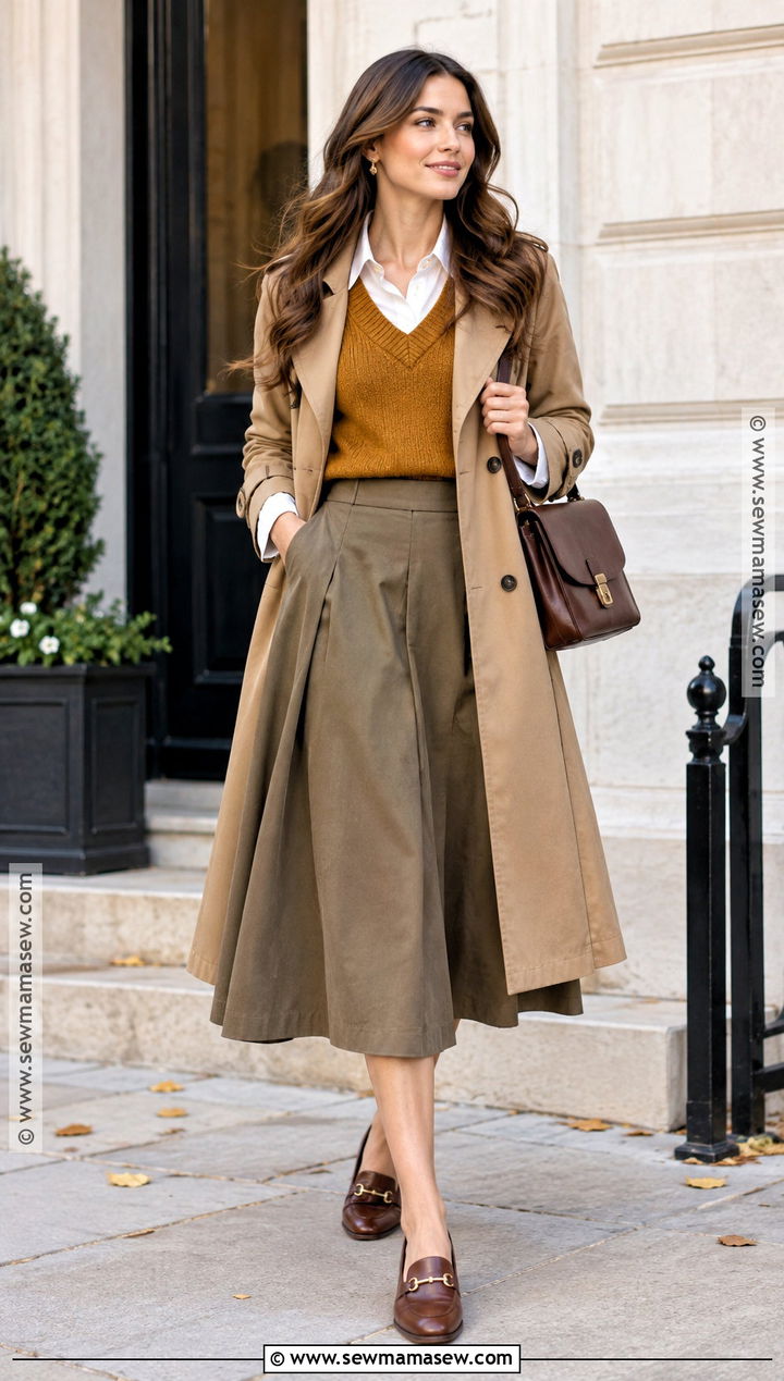 True Autumn Mustard Sweater Vest And Khaki Skirt Outfit - 20 True Autumn Outfits Capsule Wardrobe