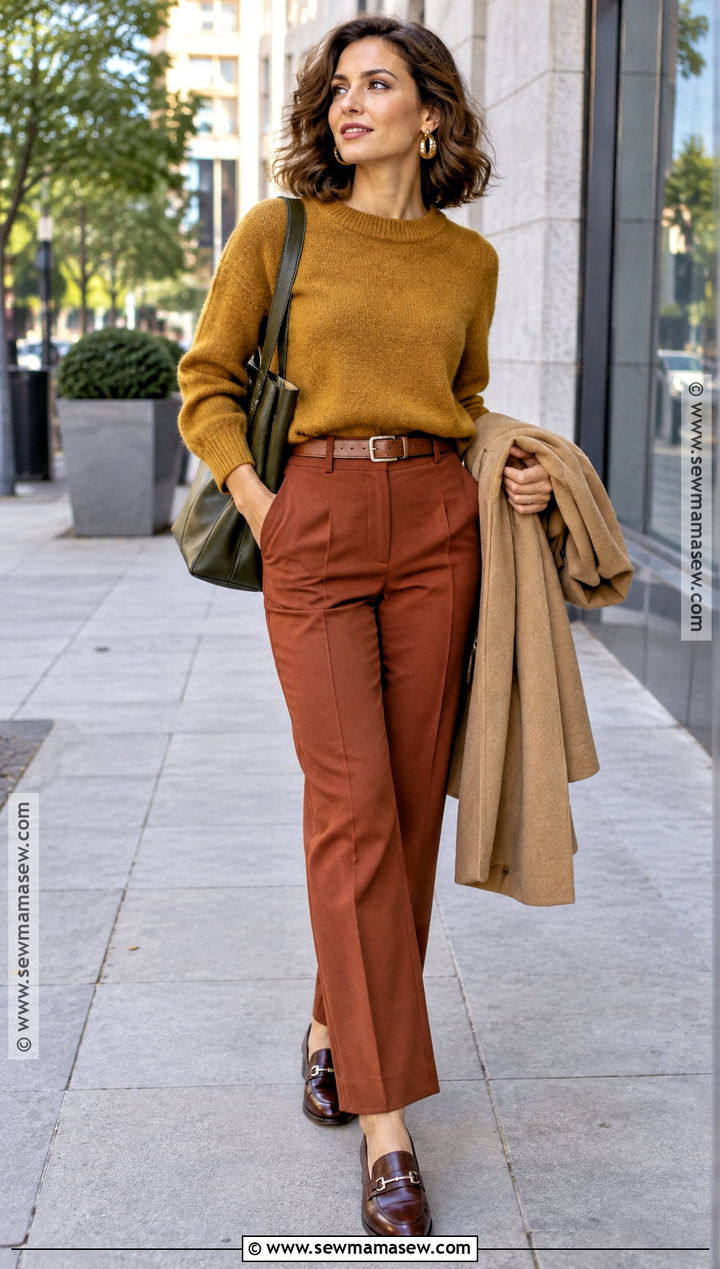 True Autumn Ochre Sweater And Rust Trousers Outfit - 15 autumn color theory outfits