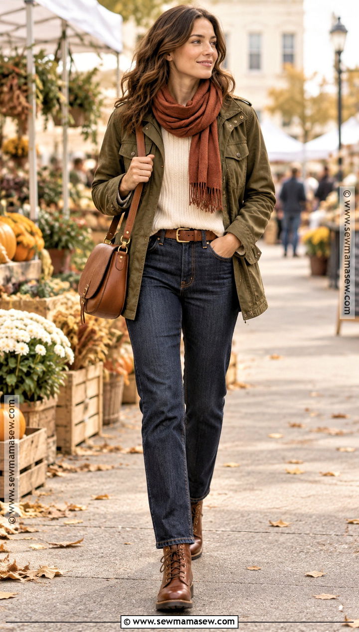 True Autumn Olive Jacket And Dark Denim Outfit - 20 True Autumn Palette Outfits