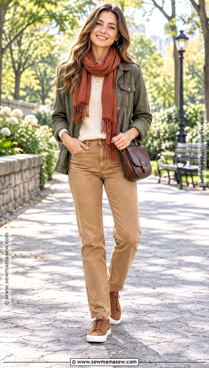 True Autumn Olive Utility Jacket And Camel Jeans Outfit - 20 True Autumn Outfits Capsule Wardrobe