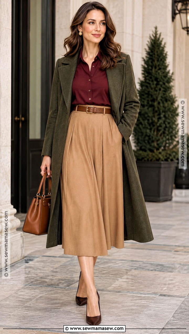 True Autumn Oxblood Blouse And Camel Skirt Outfit - 20 True Autumn Outfits Capsule Wardrobe