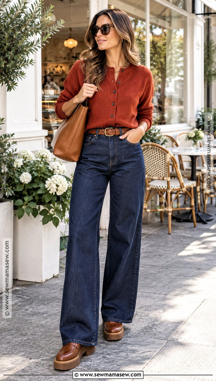 True Autumn Paprika Cardigan And Wide Leg Jeans Outfit - 20 True Autumn Palette Outfits