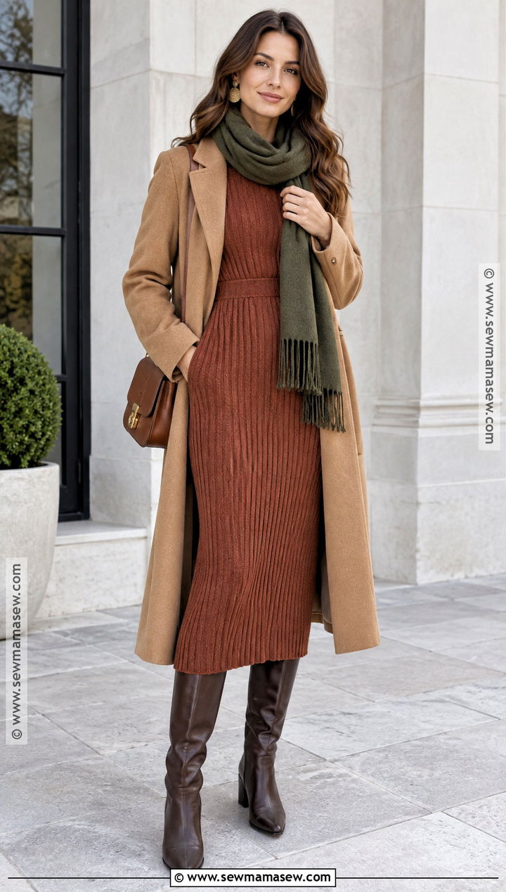 True Autumn Rust Knit Dress And Brown Boots Outfit - 20 True Autumn Outfits Capsule Wardrobe