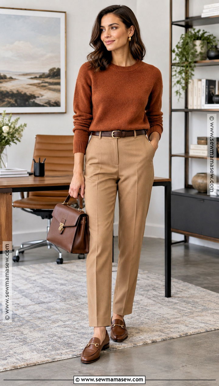 True Autumn Rust Sweater And Camel Trousers Outfit - 20 True Autumn Outfits Capsule Wardrobe