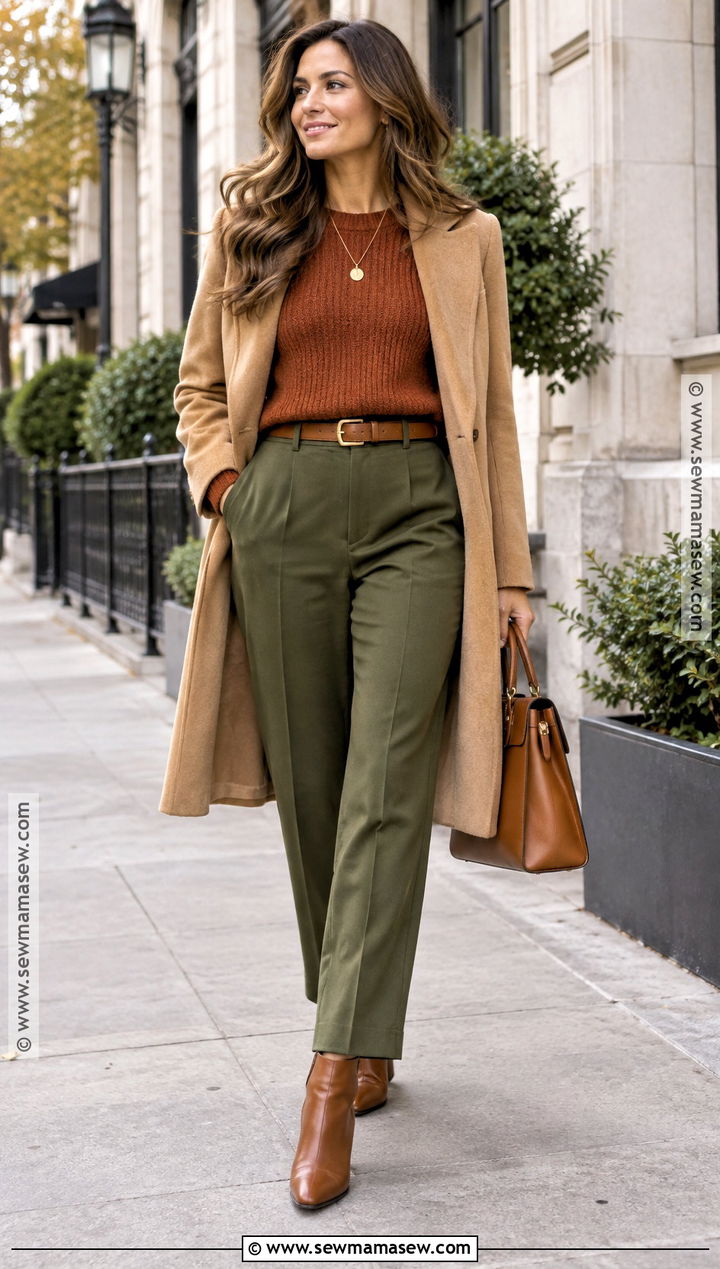 True Autumn Rust Sweater And Olive Trousers Outfit - 20 True Autumn Palette Outfits
