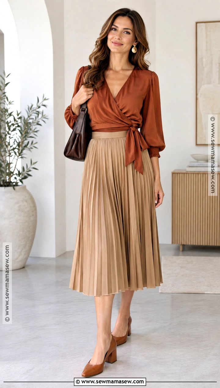 True Autumn Terracotta Blouse And Camel Skirt Outfit - 25 true autumn color palette outfits