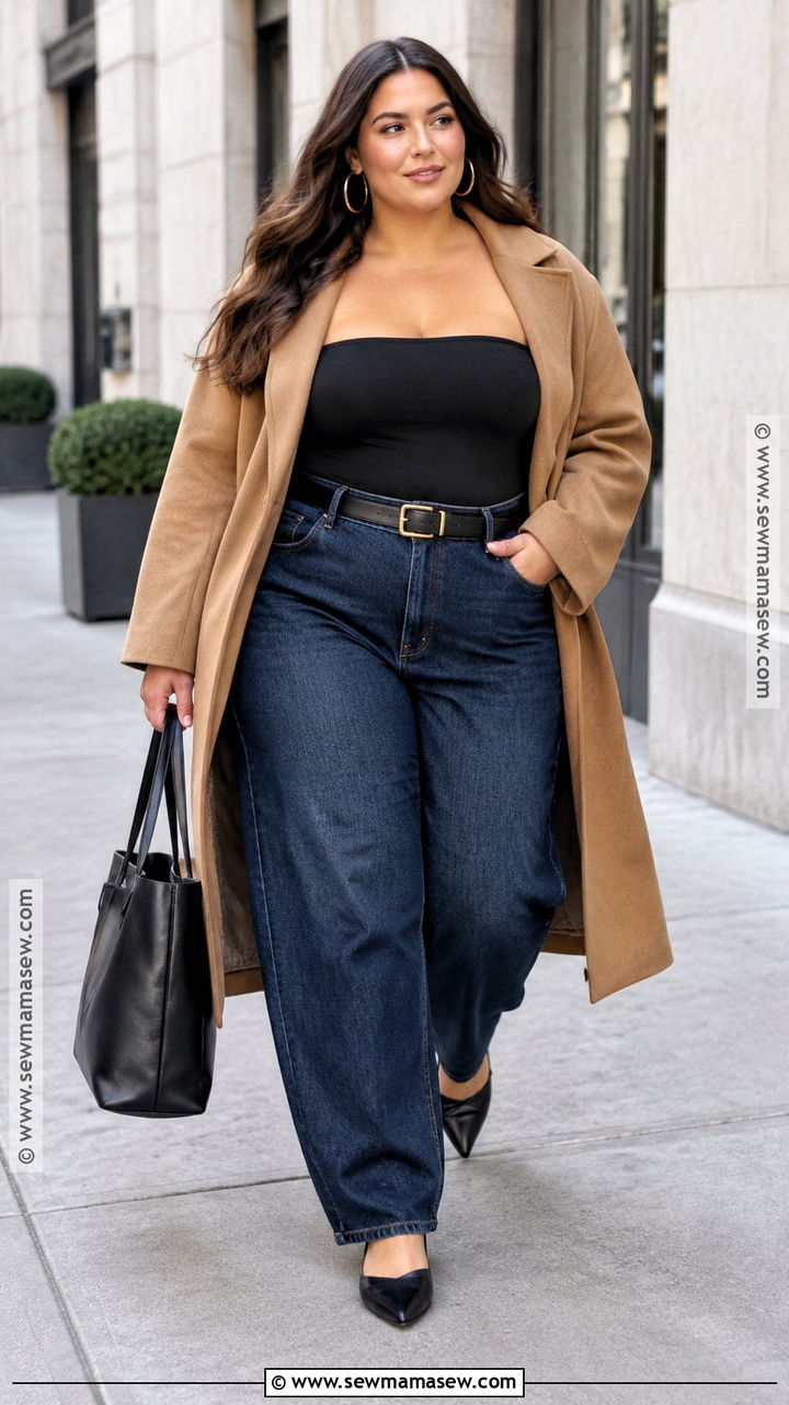 Tube Top With Barrel Jeans And Long Coat - 20 Tube Top Fall Outfit Ideas