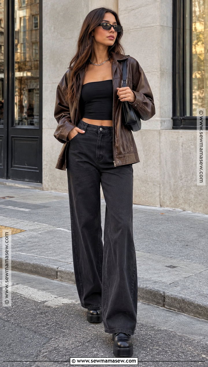 Tube Top and Leather Jacket Y2K Outfit - 25 fall y2k outfits