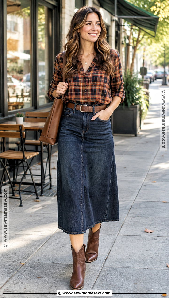 Tucked Flannel and Denim Midi Skirt Outfit - 15 flannel and skirt outfit fall ideas