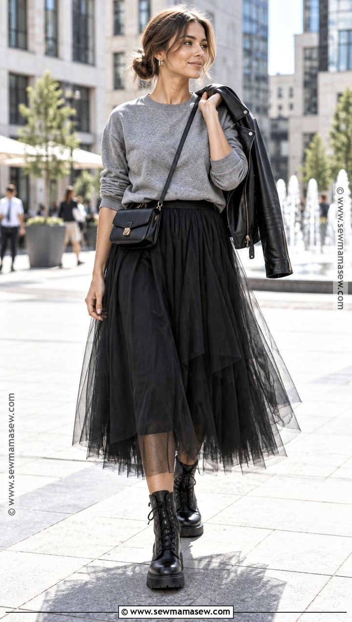 Tulle Long Skirt With Sweatshirt And Combat Boots - 25 long skirt outfits fall