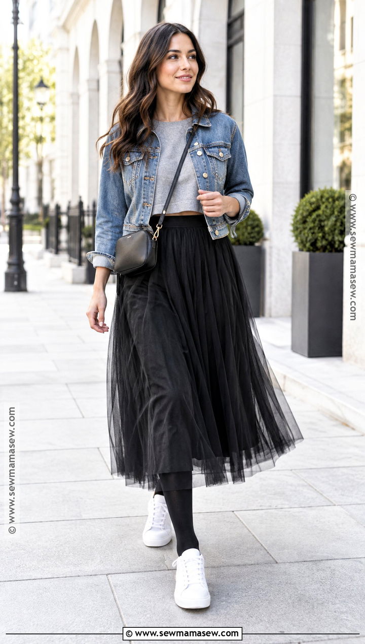 Tulle Long Skirt With Sweatshirt And Sneakers - 20 autumn outfits long skirt