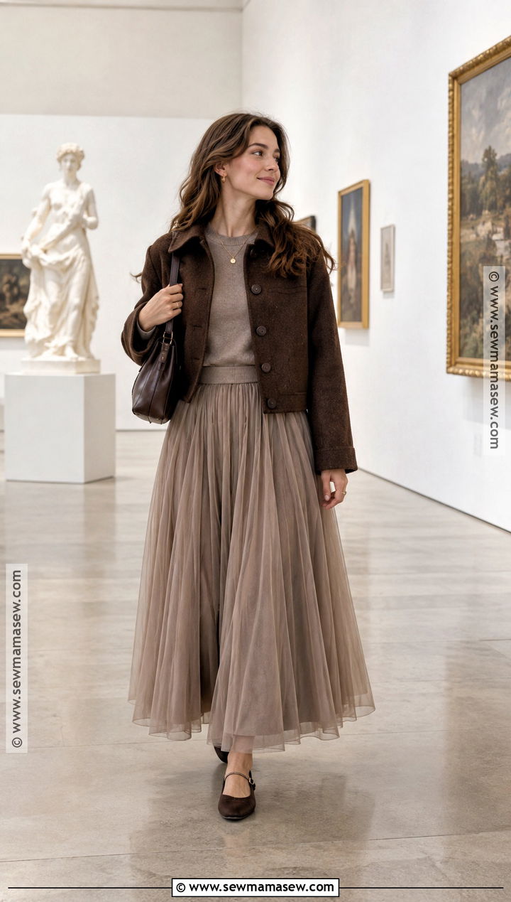 Tulle Maxi Skirt With Sweater And Ballet Flats - 20 maxi skirt outfit autumn ideas