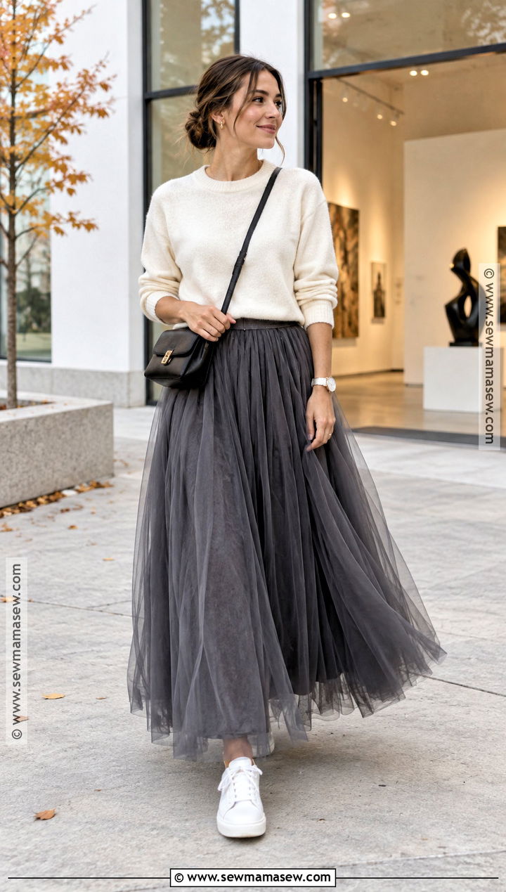 Tulle Maxi Skirt With Sweatshirt And Sneakers - 25 fall maxi skirt outfits