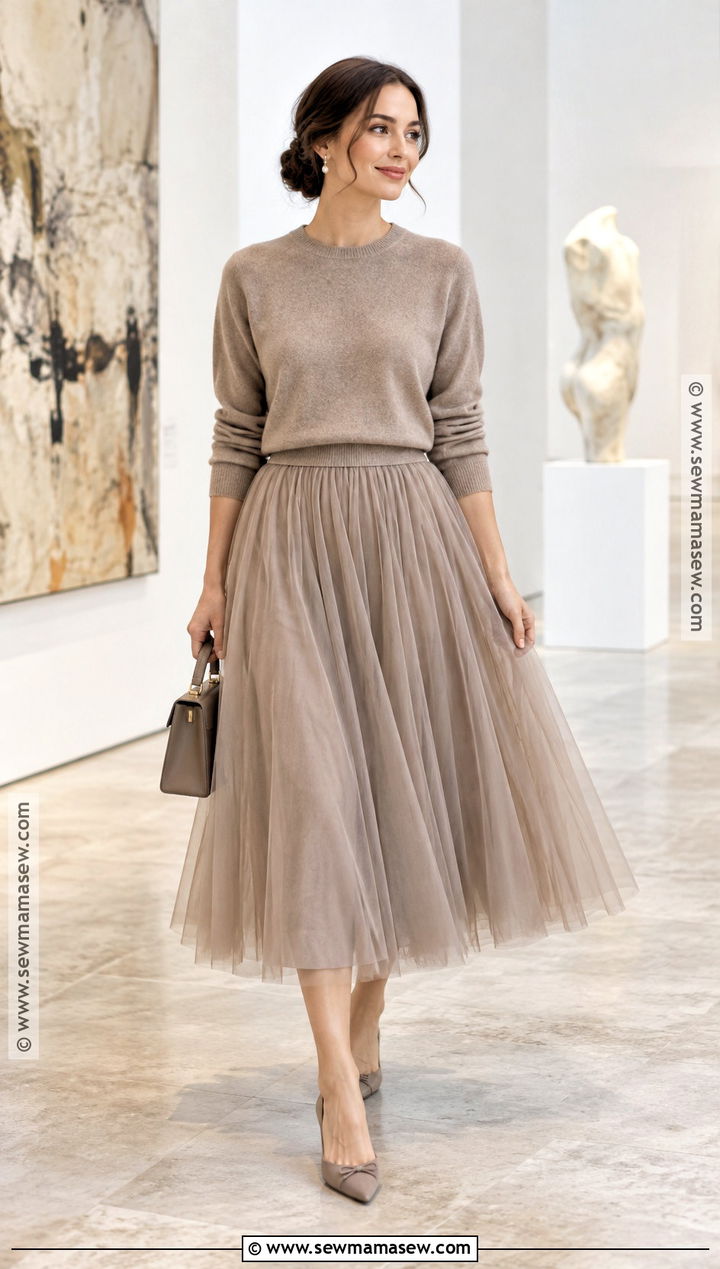 Tulle Midi Skirt With Sweater And Ballet Flats - 20 Autumn Outfits Skirts