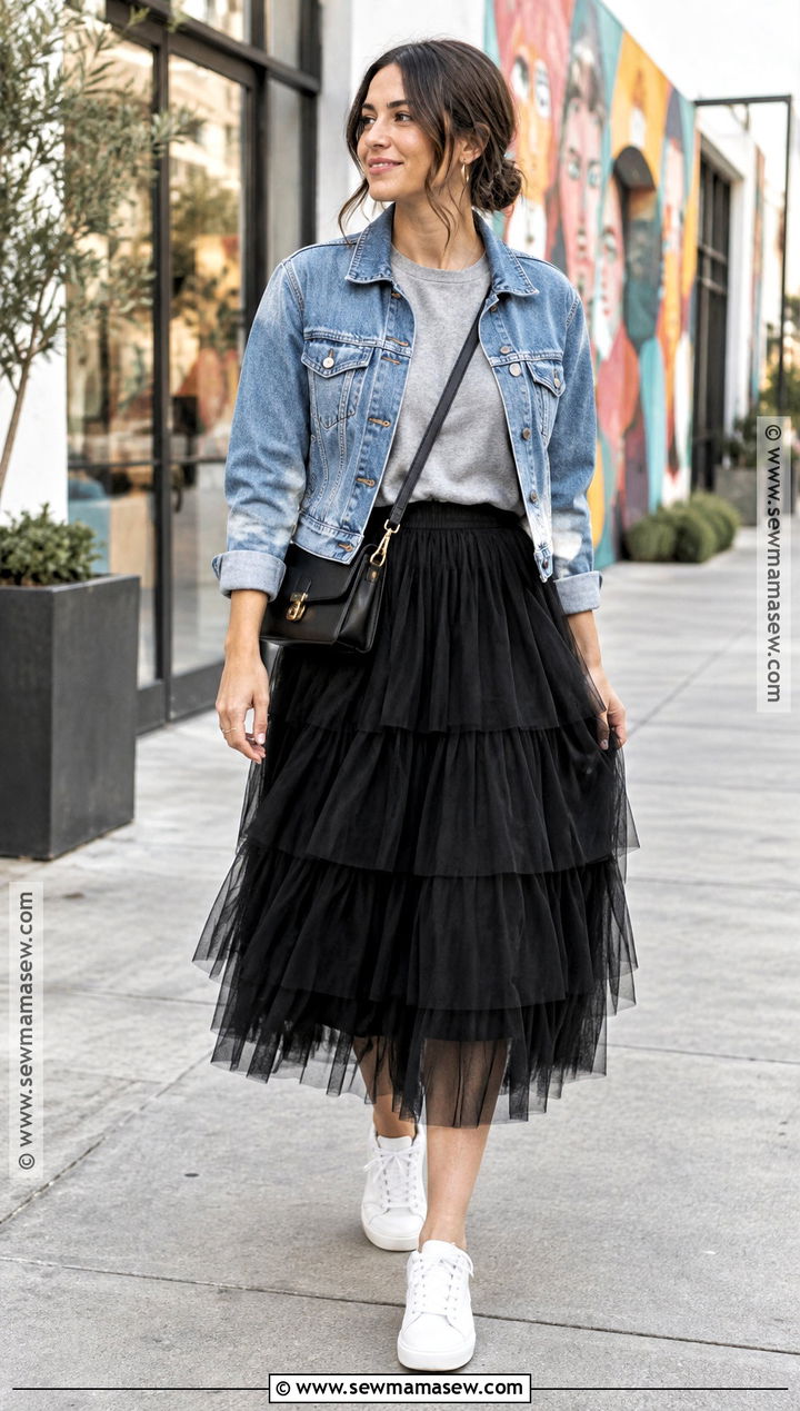 Tulle Midi Skirt With Sweatshirt And Sneakers - 25 fall outfit skirt ideas