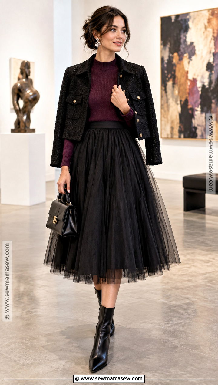 Tulle Skirt And Fitted Sweater Fall Party Outfit - 20 party outfit fall ideas
