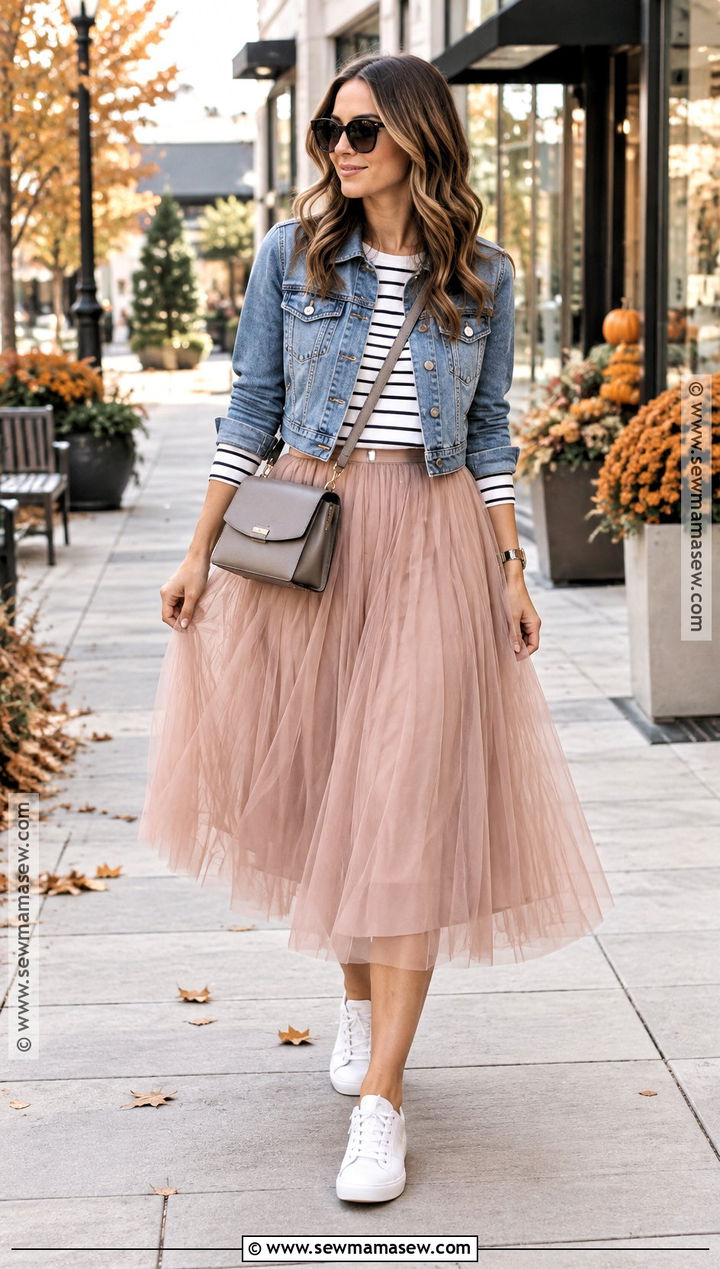 Tulle Skirt With Denim Jacket And Sneakers - 15 tulle skirt fall outfit ideas