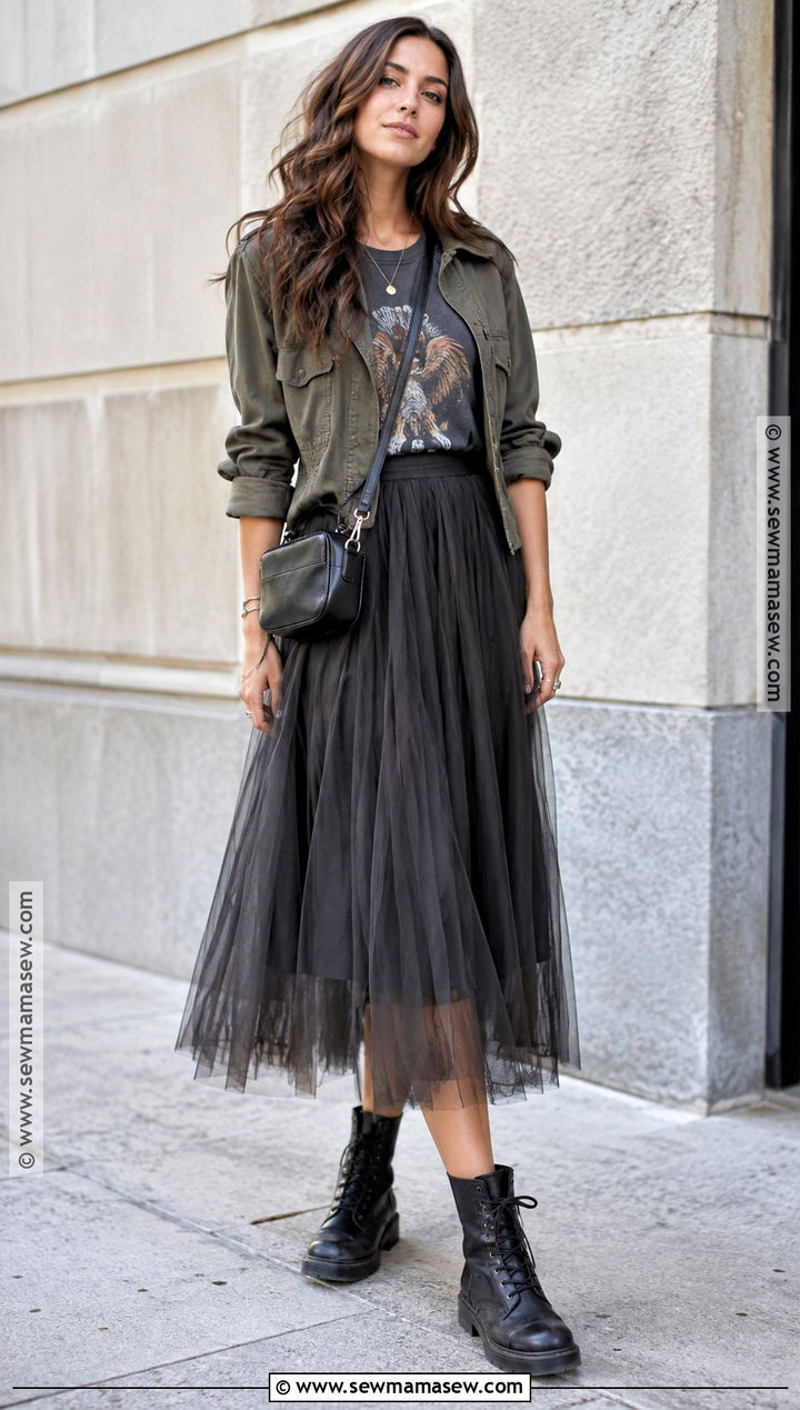 Tulle Skirt With Graphic Tee And Moto Boots - 15 tulle skirt fall outfit ideas