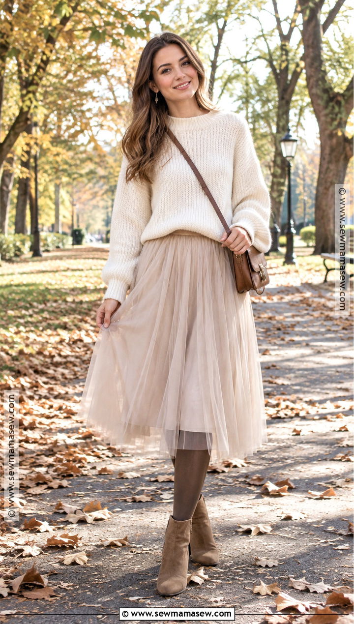 Tulle Skirt With Oversized Sweater And Ankle Boots - 15 tulle skirt fall outfit ideas