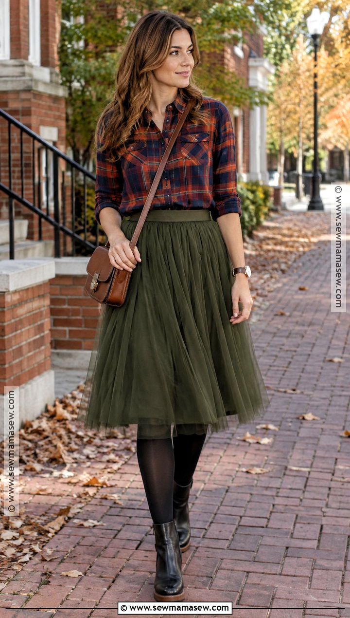Tulle Skirt With Plaid Shirt And Chelsea Boots - 15 tulle skirt fall outfit ideas