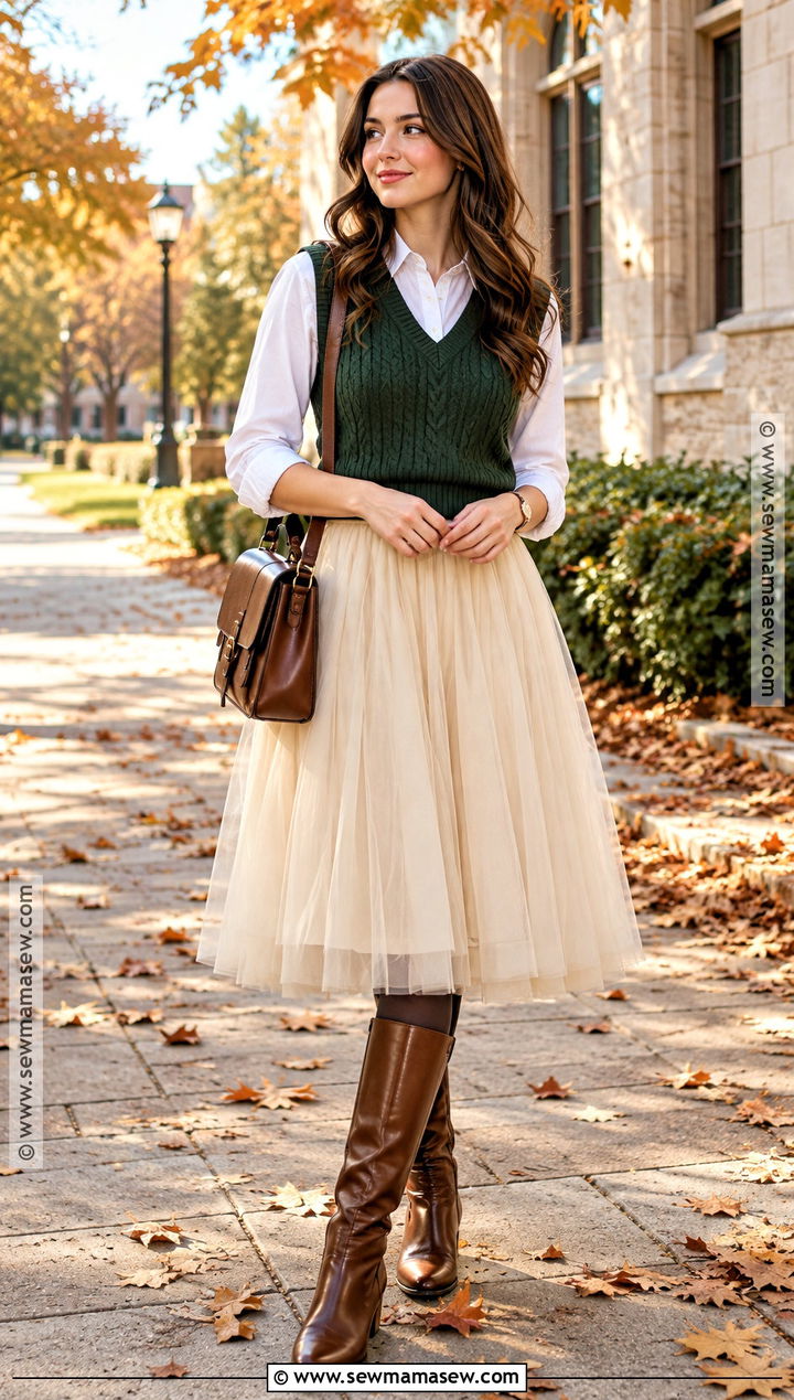 Tulle Skirt With Sweater Vest And Boots - 15 tulle skirt fall outfit ideas