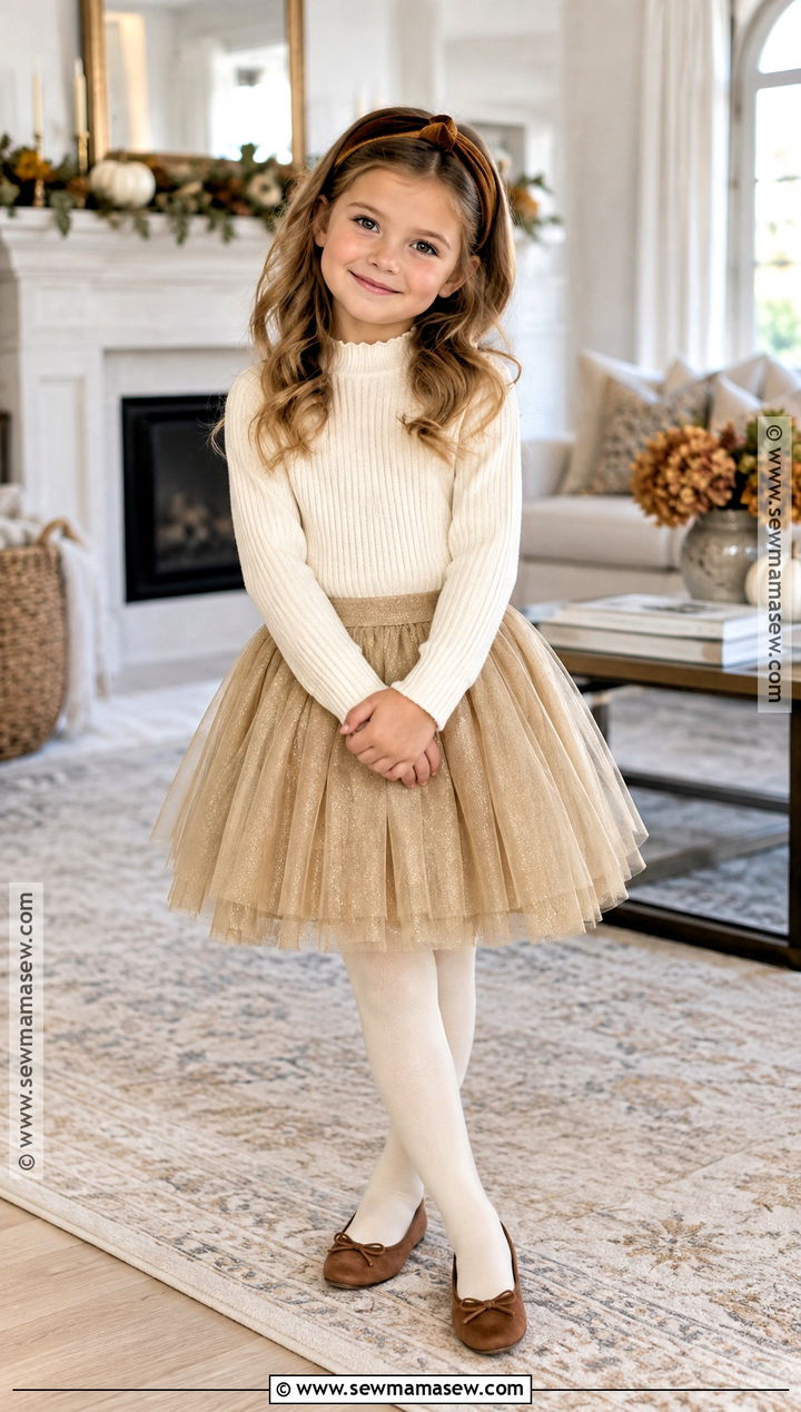 Tulle Thanksgiving Skirt With Sweater And Ballet Flats - 20 kids thanksgiving outfits