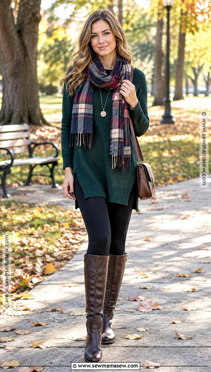 Tunic Sweater And Tall Boots Leggings Outfit - 15 Womens Fall Leggings Outfits