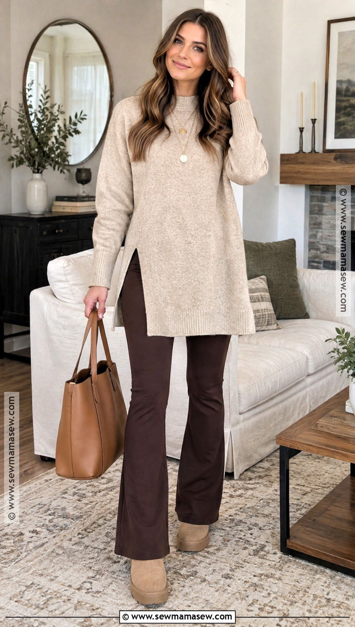 Tunic Sweater and Flare Leggings Thanksgiving Outfit - 20 Comfy Thanksgiving Day Outfits