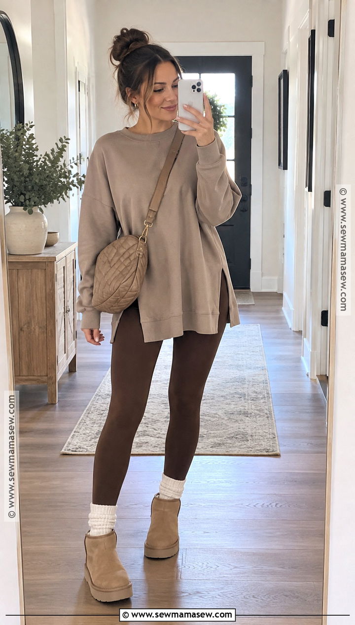 Tunic Sweatshirt With Leggings And Slip On Boots - 15 comfy fall outfits lazy days leggings