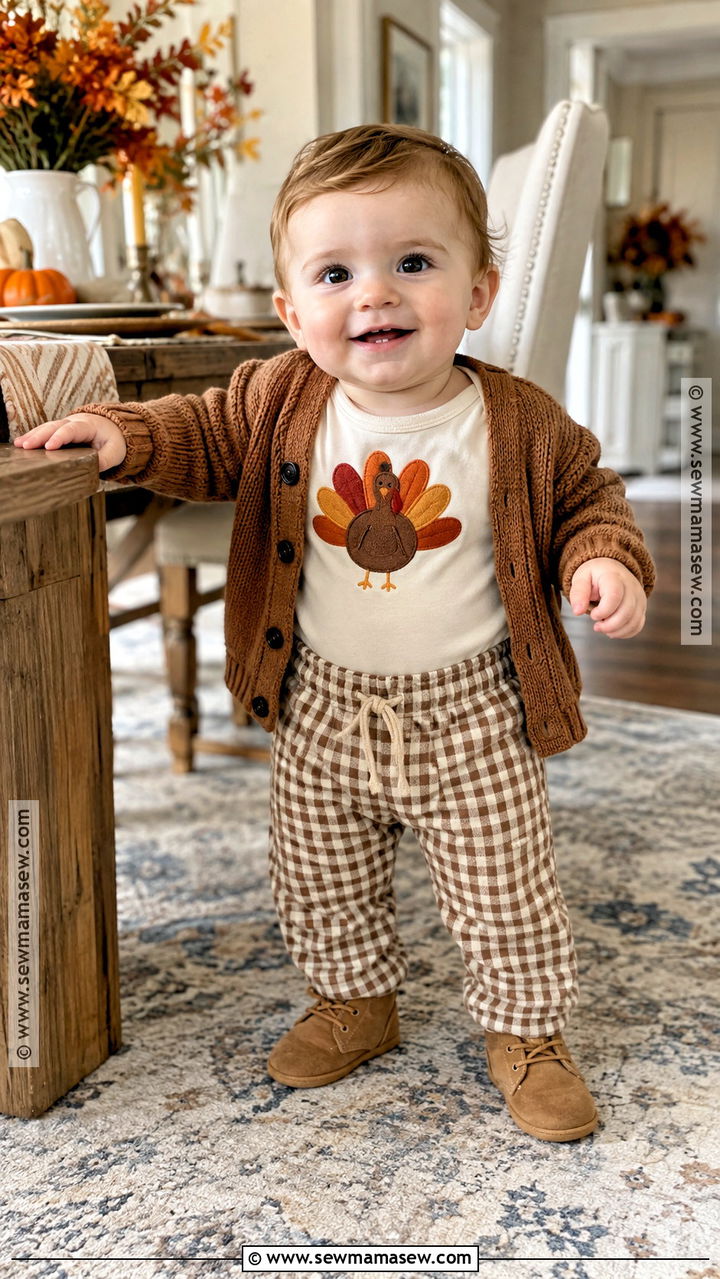 Turkey Bodysuit And Gingham Pants Outfit - 20 baby thanksgiving outfit ideas for boys
