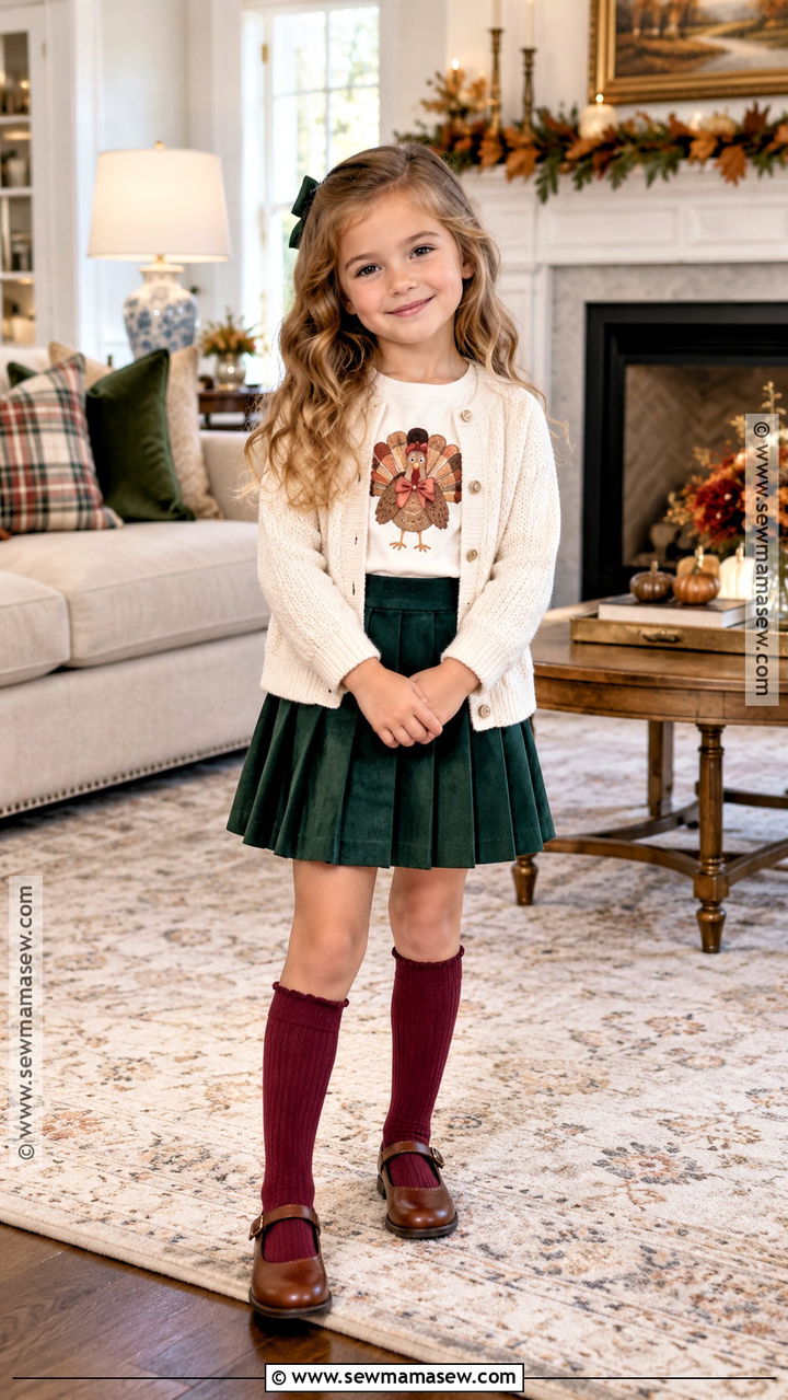 Turkey Bow Shirt With A Pleated Skirt - 20 kids thanksgiving shirts