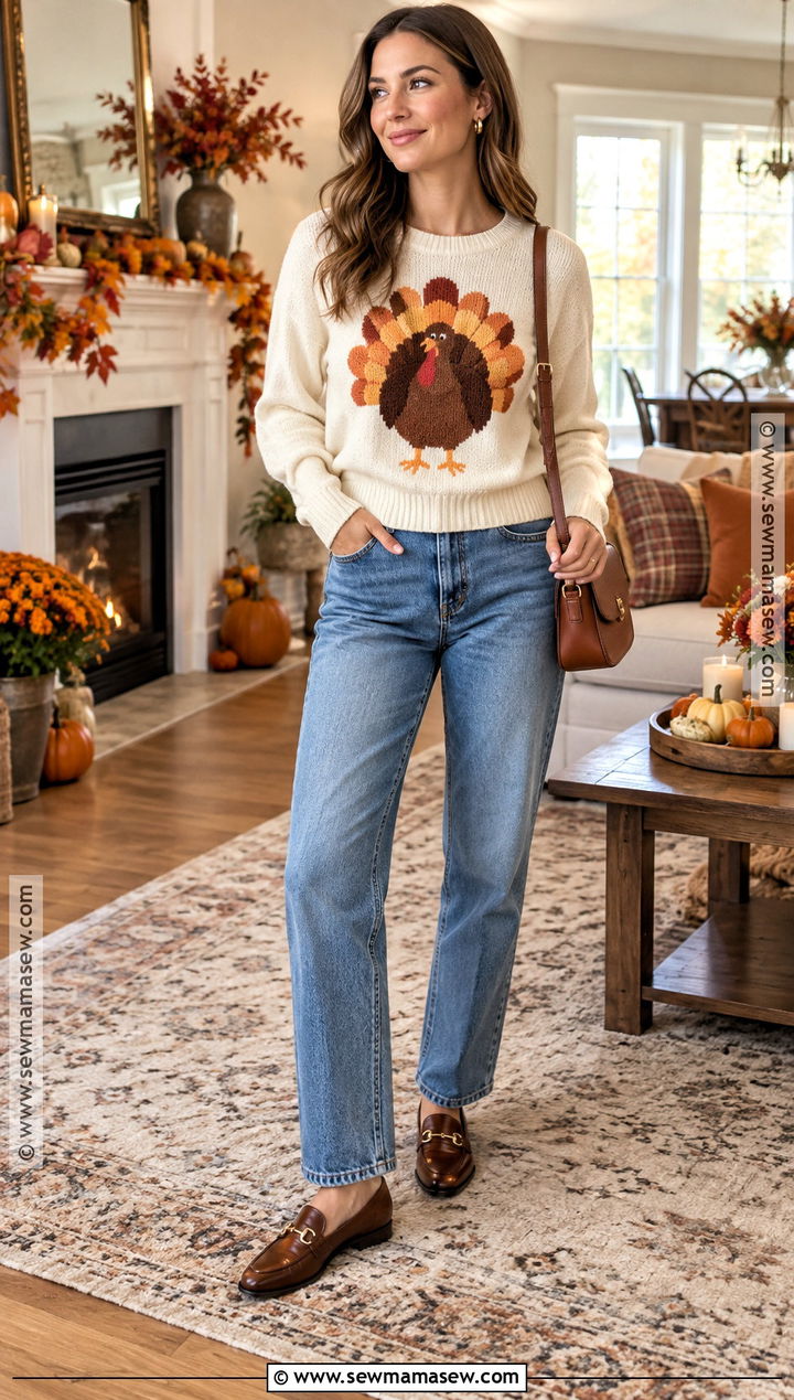 Turkey Crochet Thanksgiving Sweater With Straight Leg Jeans - 15 Crochet Thanksgiving Sweater Ideas