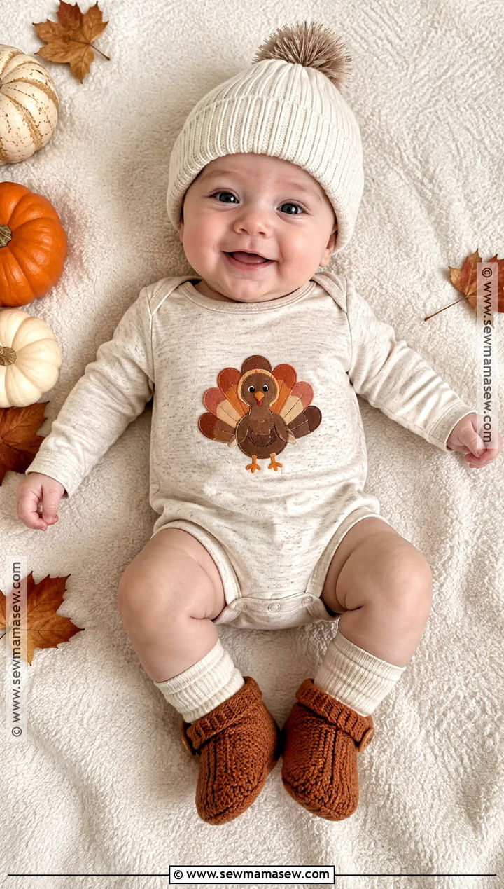 Turkey Romper And Knit Booties Outfit - 15 Baby First Thanksgiving Outfit Ideas