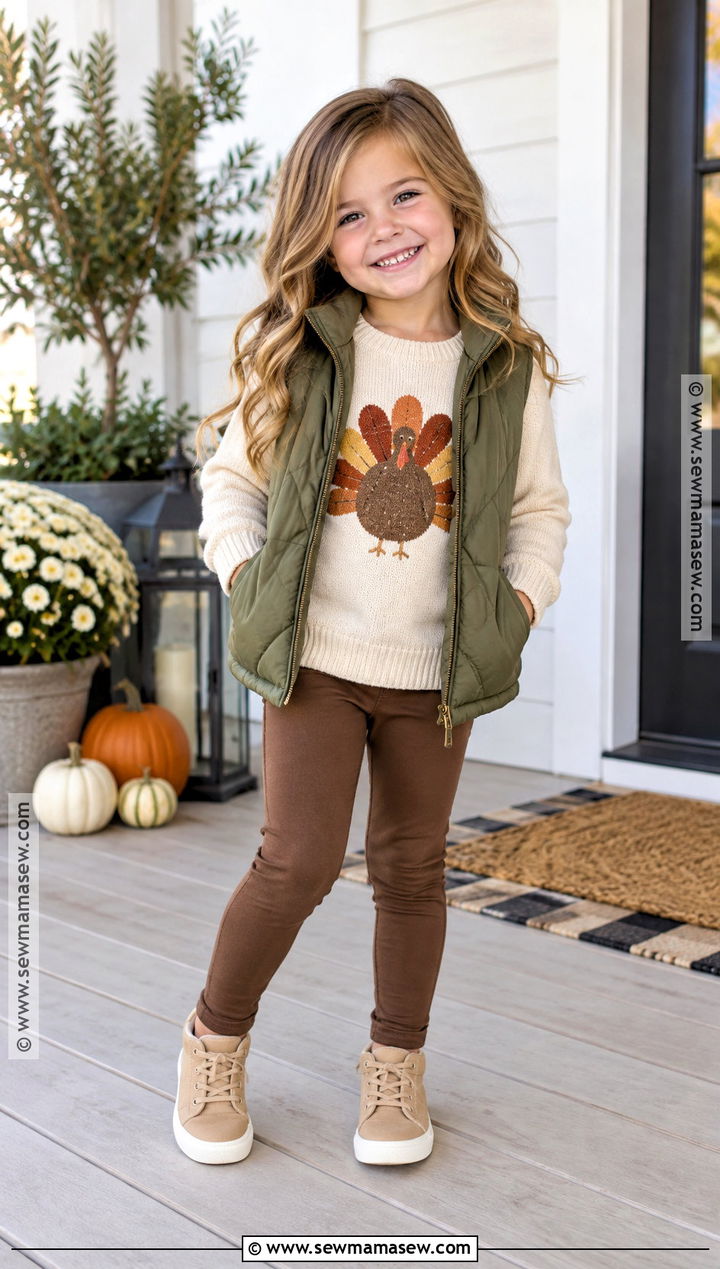 Turkey Sweater With Leggings And Sneakers - 20 kids thanksgiving outfits