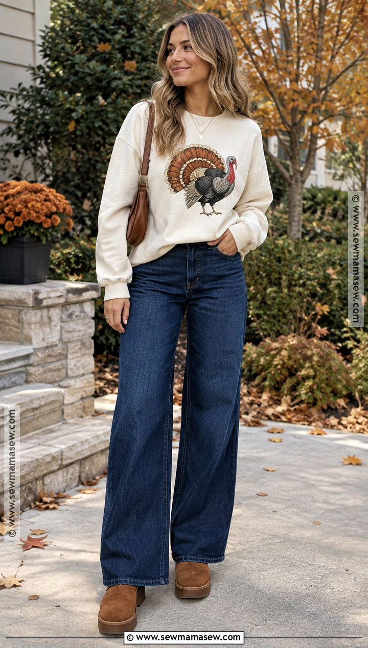 Turkey Sweatshirt With Wide Leg Jeans And Clogs - 20 Thanksgiving Sweatshirt Ideas