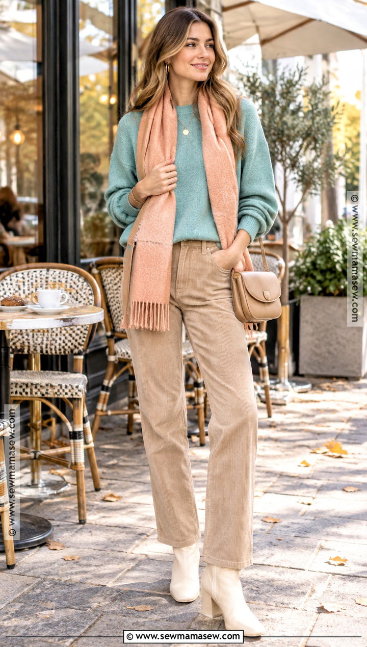 Turquoise Sweater and Camel Corduroy Pants Outfit - 15 Light Spring Color Palette Outfits Capsule Wardrobe Fall