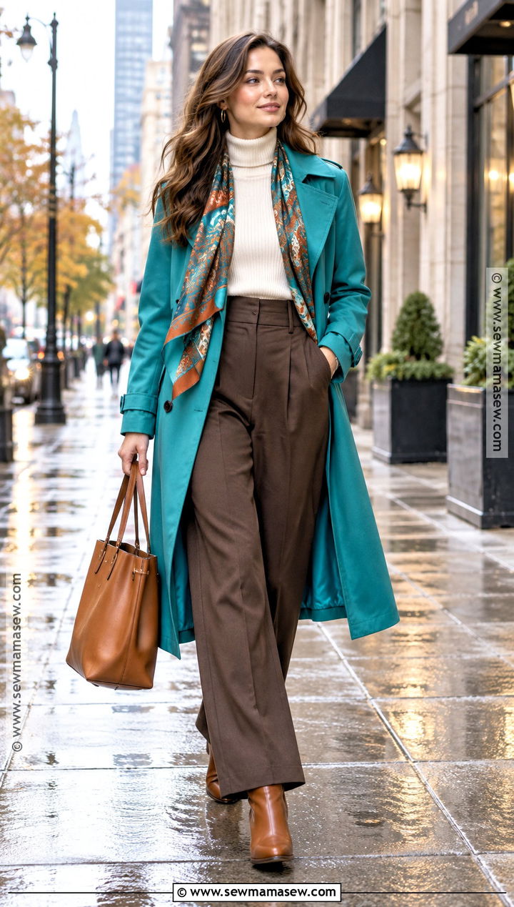 Turquoise Trench And Chocolate Trousers Outfit - 15 Colorful Autumn Clothing Ideas