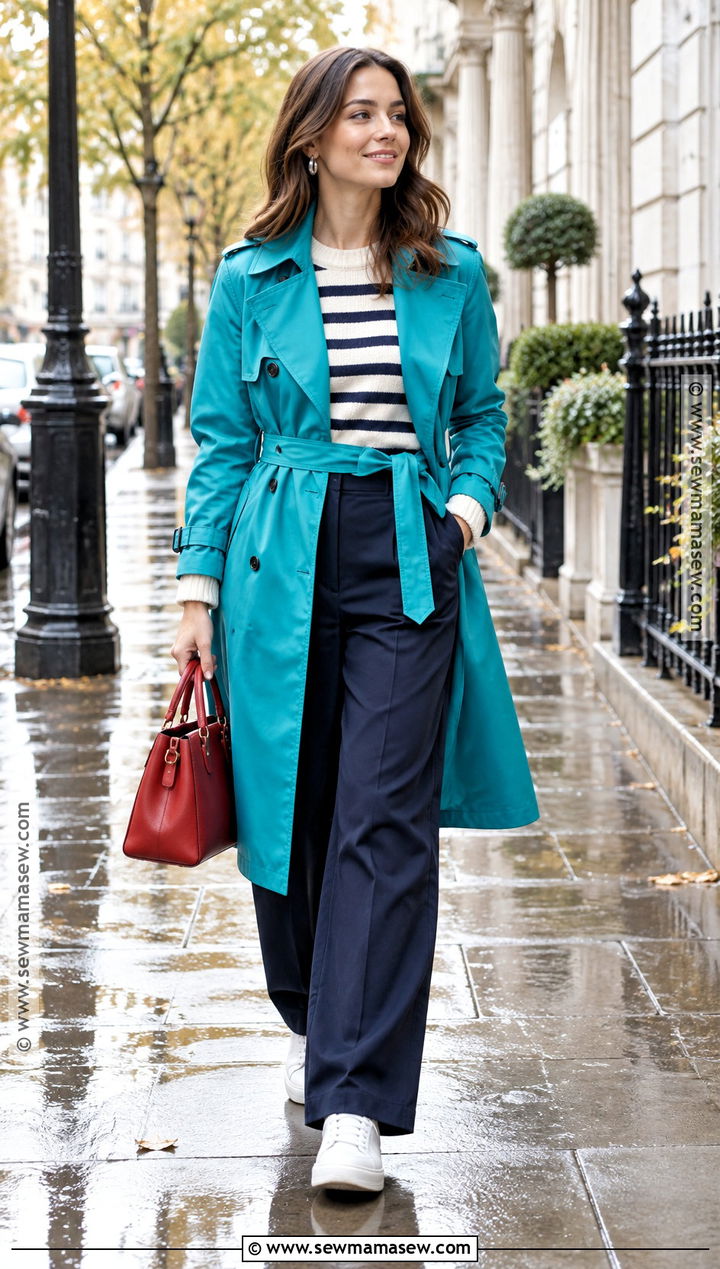 Turquoise Trench And Navy Trousers Autumn Outfit - 20 colorful autumn outfits