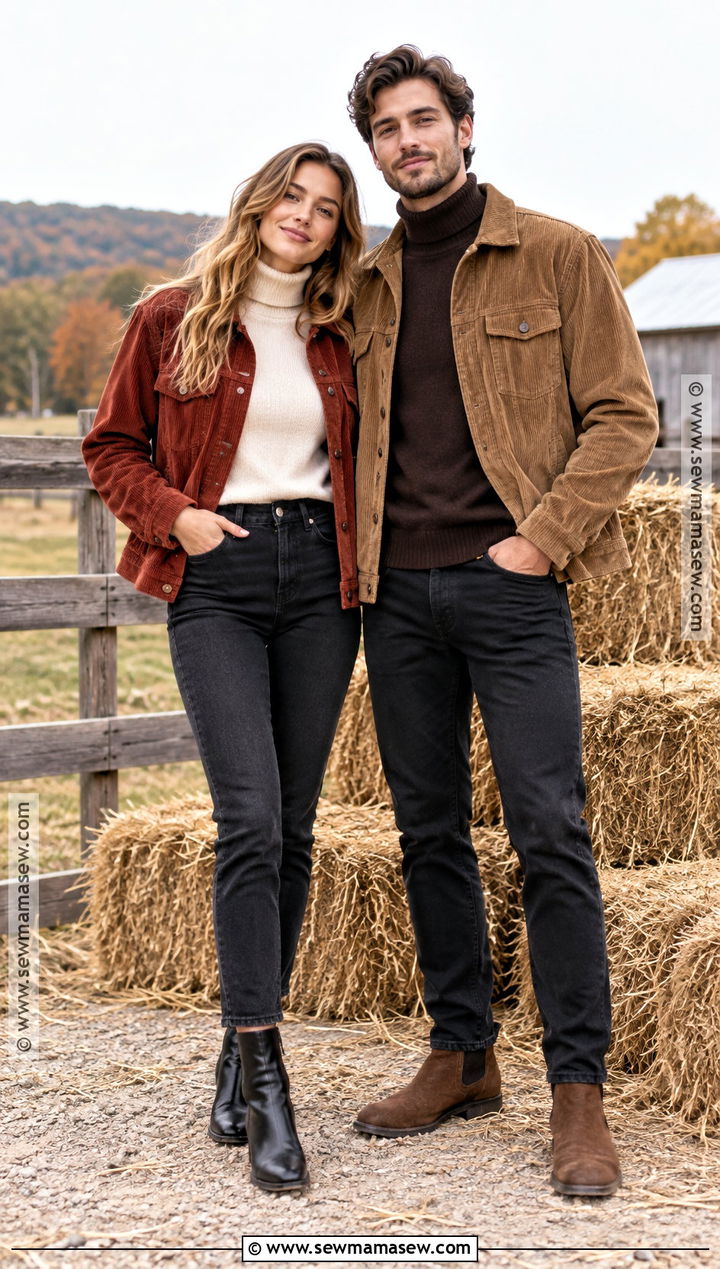 Turtleneck And Corduroy Jacket Couple Outfit - 25 pumpkin patch outfit ideas for couples