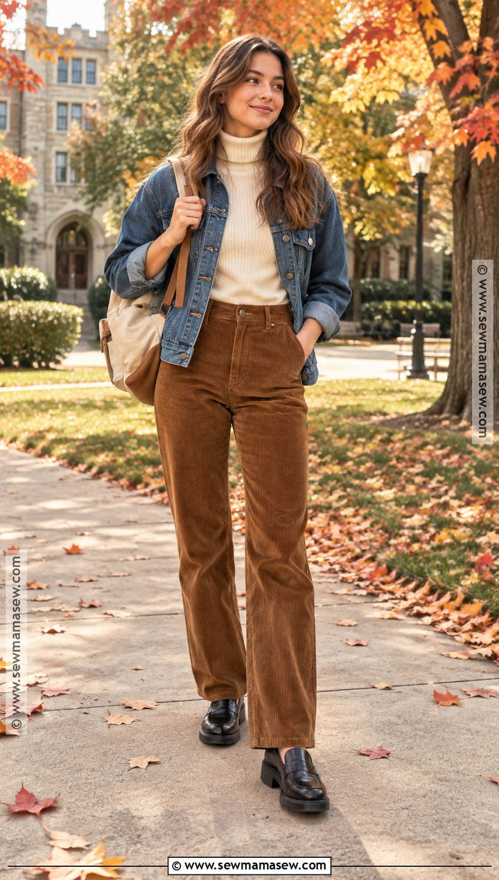 Turtleneck And Corduroy Pants Fall School Outfit - 15 cute fall back to school outfits