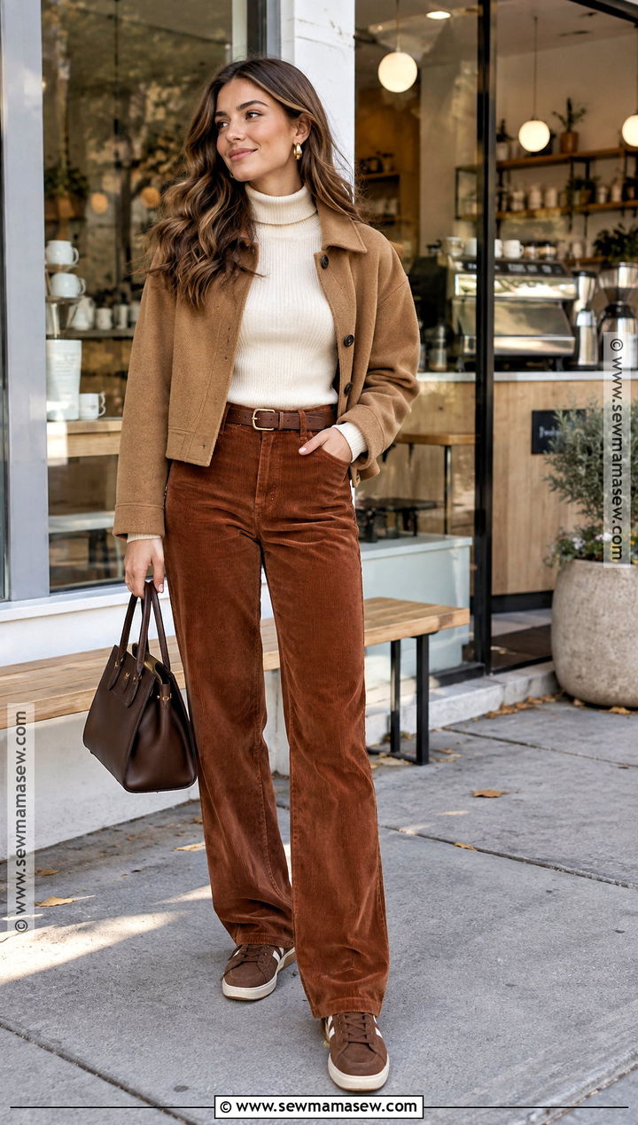 Turtleneck And Corduroy Pants With Suede Sneakers - 15 fall outfit inspiration with sneakers