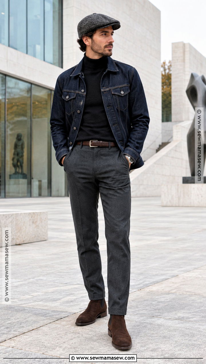 Turtleneck And Denim Jacket Fall Outfit - 20 men casual fall outfits