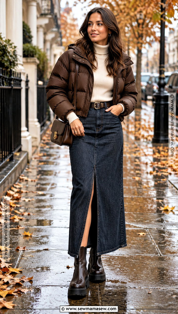 Turtleneck And Denim Maxi Skirt Rainy Autumn Outfit - 20 rainy day autumn outfit ideas